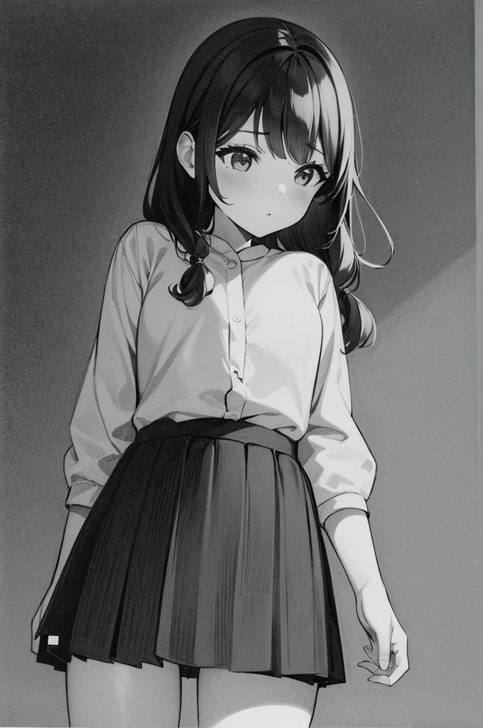 One Girl,Line art,Monochrome,sketch,Pencil drawing,Traditional Media,One Girl, skirt,Cute Teenage Girls, ,Beautiful portrait、Delicate body、Black Hair、Black Hair,landscape
