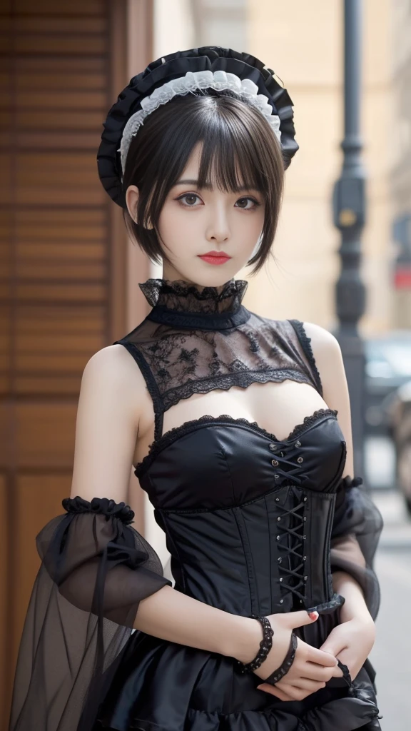 Female figure, She wears a complex visual kei gothic ta outfit.,Gothic Makeup, A perfect blend of elegance and rebellion. His outfit features a luxurious lace combination., corset, Elaborate accessories, A Victorian top hat adorns his head., Ornately decorated. dark, His flowing hair cascades down his shoulders, Add an air of mystery. Dark eyeliner makes your eyes stand out, Complete the avant-garde look. This woman is the embodiment of visual kei gothic loliIt exudes an aura of theatrical decadence., Challenging traditional fashion norms with a captivating androgynous look.,Beautiful girls,Goth,(Highest quality, Very detailed, masterpiece:1.2), 1 women, Very thin body, length, Thin legs, ((Black layered cut short hair:1.2)), ((Thick and fluffy bangs)), Very detailedな顔,A faint smile, small, Thin Nose, small thin mouth, Extremely sharply focused eyes, Japanese, Beautiful Face, Realistic eyes, Beautiful and beautiful eyes, Realistic Skin, Beautiful Skin, charm, (A vivid face),