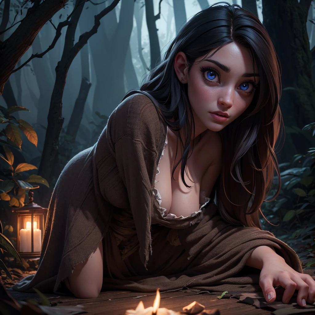 a young woman in a torn and ragged nightgown lying on the ground, trying to protect herself, a werewolf approaching in a dark forest, beautiful detailed eyes, beautiful detailed lips, extremely detailed eyes and face, long eyelashes, high quality, 4k, 8k, highres, masterpiece, ultra-detailed, realistic, photorealistic, HDR, UHD, studio lighting, ultra-fine painting, sharp focus, physically-based rendering, extreme detail description, professional, vivid colors, bokeh, horror, dark fantasy