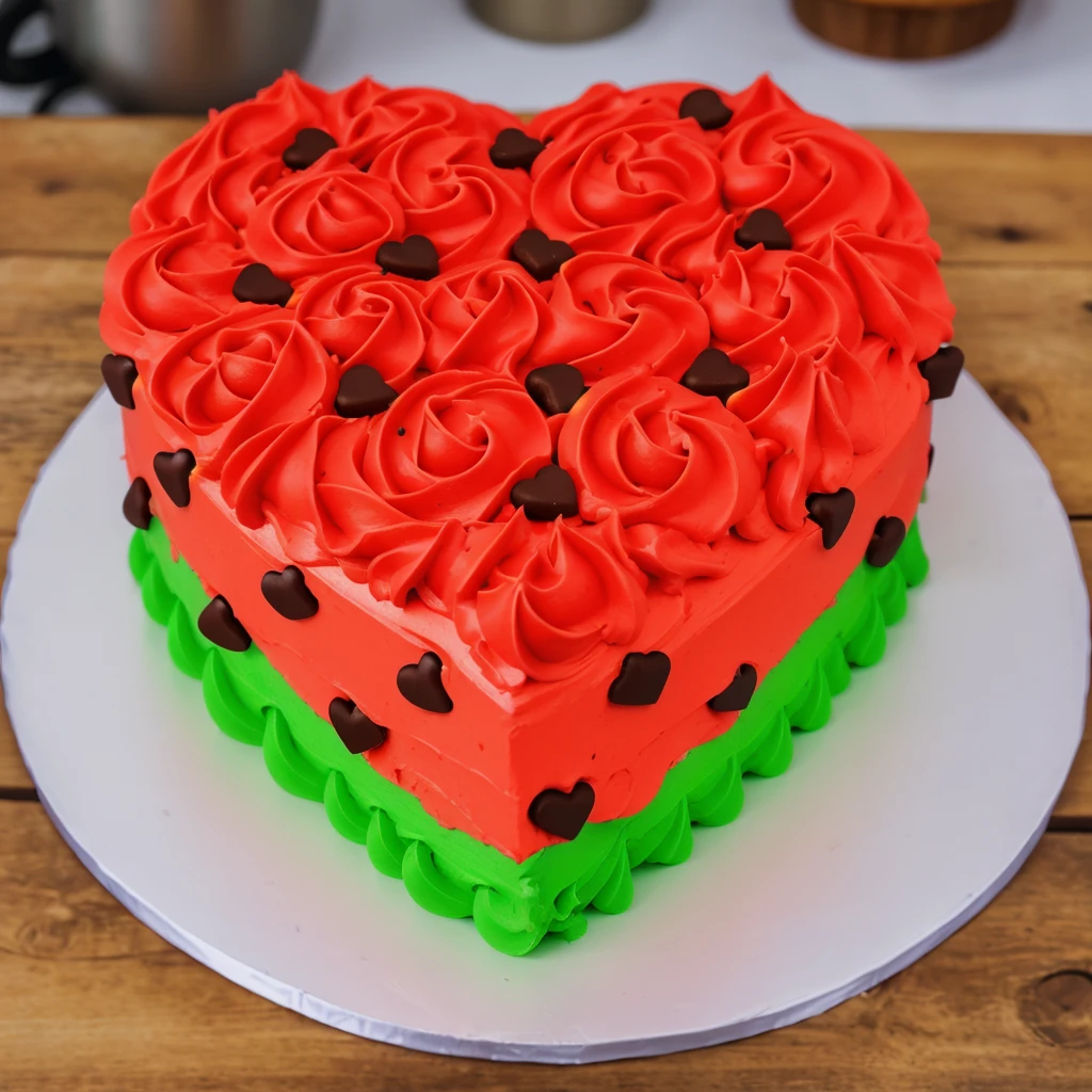 on a wooden table, red and green cream heart cake, star shaped cream, with black plastic beads, Multiple light sources, bright lighting, Realistic style , realistic texture, detailed texture, A high resolution, high quality,