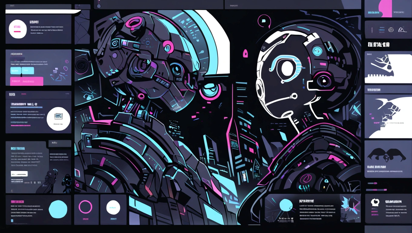 dark blue and other contrast color hero page ui ux theme website, contrast colors (mostly dark blue) theme, robotic city black and white silhouette, mouth drawing anatomy silhouette