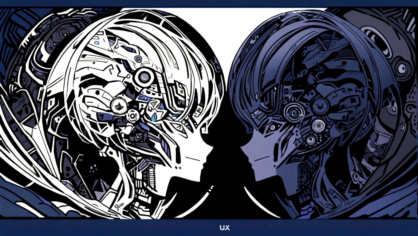 dark blue and other contrast color hero page ui ux theme website, contrast colors (mostly dark blue) theme, robotic city black and white silhouette, mouth drawing anatomy silhouette