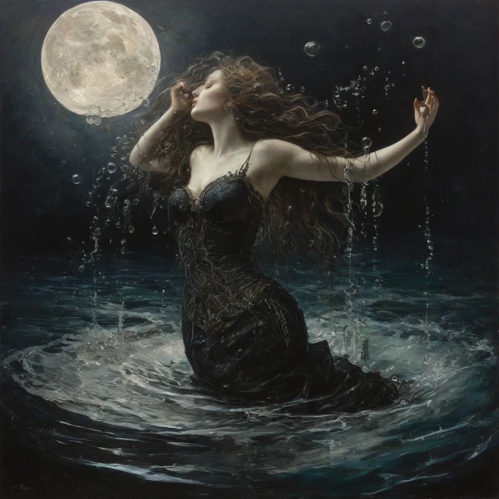 James Gurney, Surrealist art , dream-like, mysterious, Provocative, symbolic, Complex, detailed,, (Gothic but very beautiful:1.4), (masterpiece, Highest quality:1.4) , Nicola Samori Style, The moon kissed the mermaid , Water bubbles