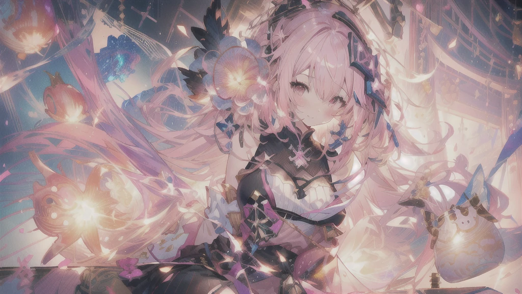anime girl with pink hair and pink dress sitting on a bed, guweiz, kawacy, , [ 4 k digital art ]!!, official artwork, from arknights, atelier lulua, 8k!!, 4k!, ❤🔥🍄🌪, best anime 4k konachan wallpaper, lolish, pixiv, youtube banner