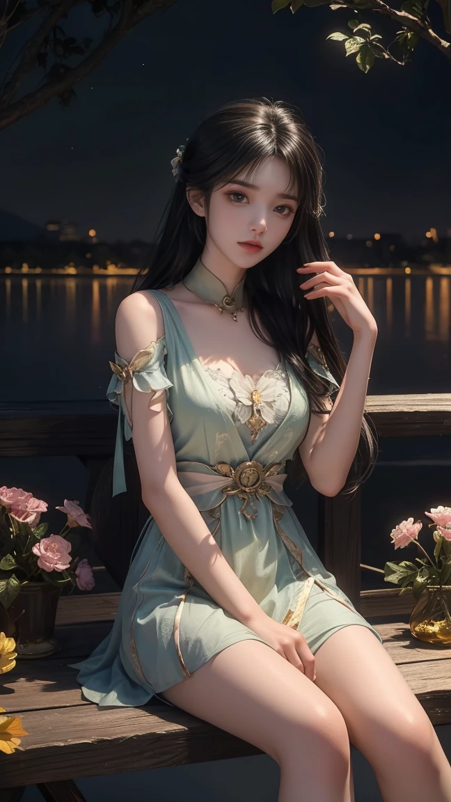 1girl, girl with long black hair, smiling, cheerful, girl is sitting among a wide expanse of flowers, surrounded by beautiful flowers, Calm and peaceful atmosphere, night, moonlight , Beautiful glowing butterflies surround the girl lighting up the darkness of the night, magic,Romantic, the night breeze blows the Sepoi Sepoi girl's hair, 