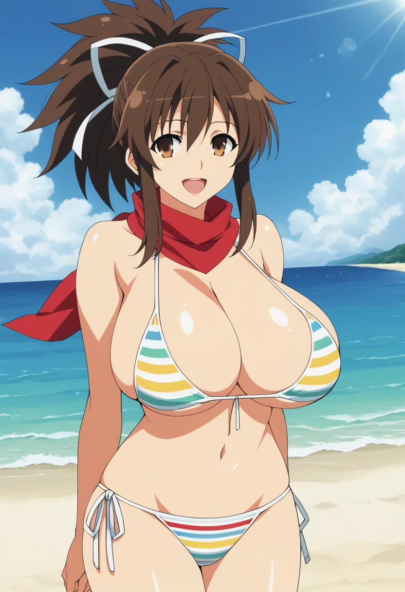 score_9, score_8_up, score_7_up, source_anime, best quality, masterpiece, rating_explicit, uncensored, anime screencap, megami magazine, BREAK, 10S, Asuka_XL, brown eyes, brown hair, ponytail, white ribbon, red scarf, large breasts, BREAK, asuka_swim_outfit, striped bikini, side-tie bikini bottom, smile, huge breasts, open mouth, beach, summer