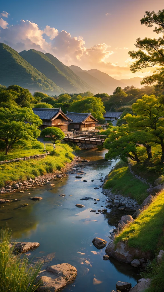 Landscape painting、Japanese village scenery、Photo Style、evening、evening、sunset、1 photo