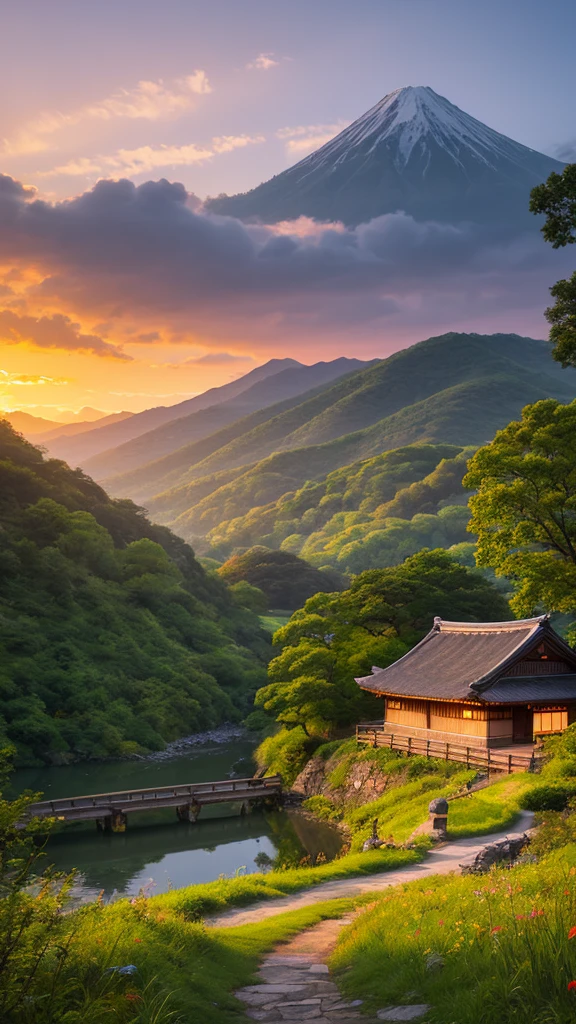 Landscape painting、Japanese village scenery、Photo Style、evening、evening、sunset、1 photo
