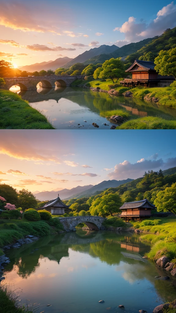 Landscape painting、Japanese village scenery、Photo Style、evening、evening、sunset、1 photo