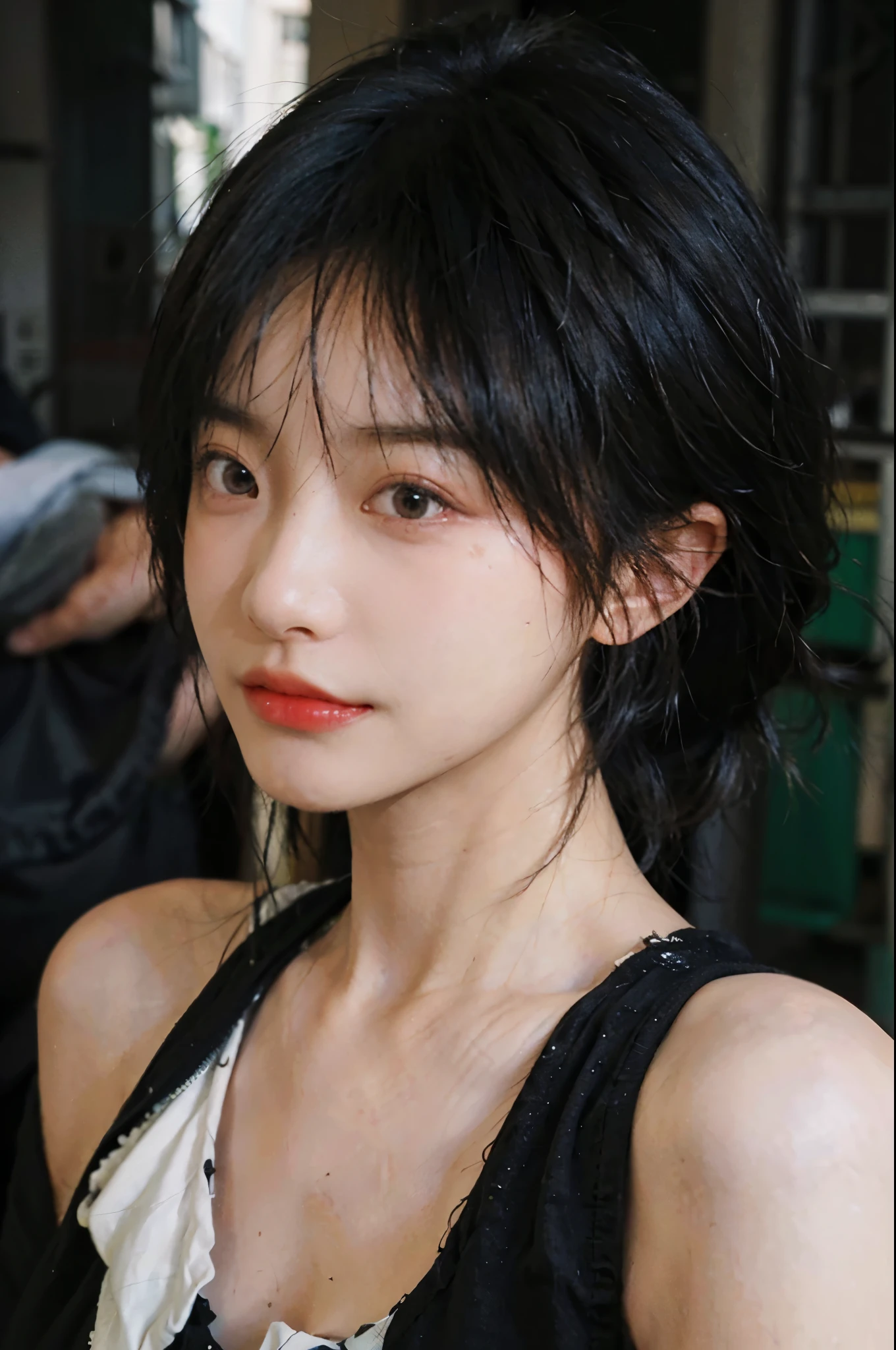 (Skin details:1.4), (smooth skin textures:1.3), (Upper Body:1.4),(Upper Body:1.3),(Black clothes:1.4),Lipstick, background, earrings, serene, calm, (Realistic and detailed eyes:1.2), Natural skin texture, Realistic facial details, Soft dramatic lighting, Vivid details, 35 mm film, outdoor, (Photo Practical:1.4), (hyper Practical:1.4), (Practical:1.3), (Smoother lighting:1.05), (Improve lighting quality:0.9), (Highest quality real skin textures:1.4), Exquisite eyes, Delicate face, Close-up of face, (Enhance the beauty of skin texture:1.1),0Normal body proportions, short hair, Moles under the eyes, A faint smile,Portrait Photography, Depth of Field, Bokeh, Surrealism, Ray Tracing, (Portrait Photography:1.1), Surrealism, High Detail, Chiaroscuro, Ray Tracing, reflected light, Ultra HD, Ultra HD, masterpiece, Textured Skin, Super Detail, High Detail, high quality, best quality