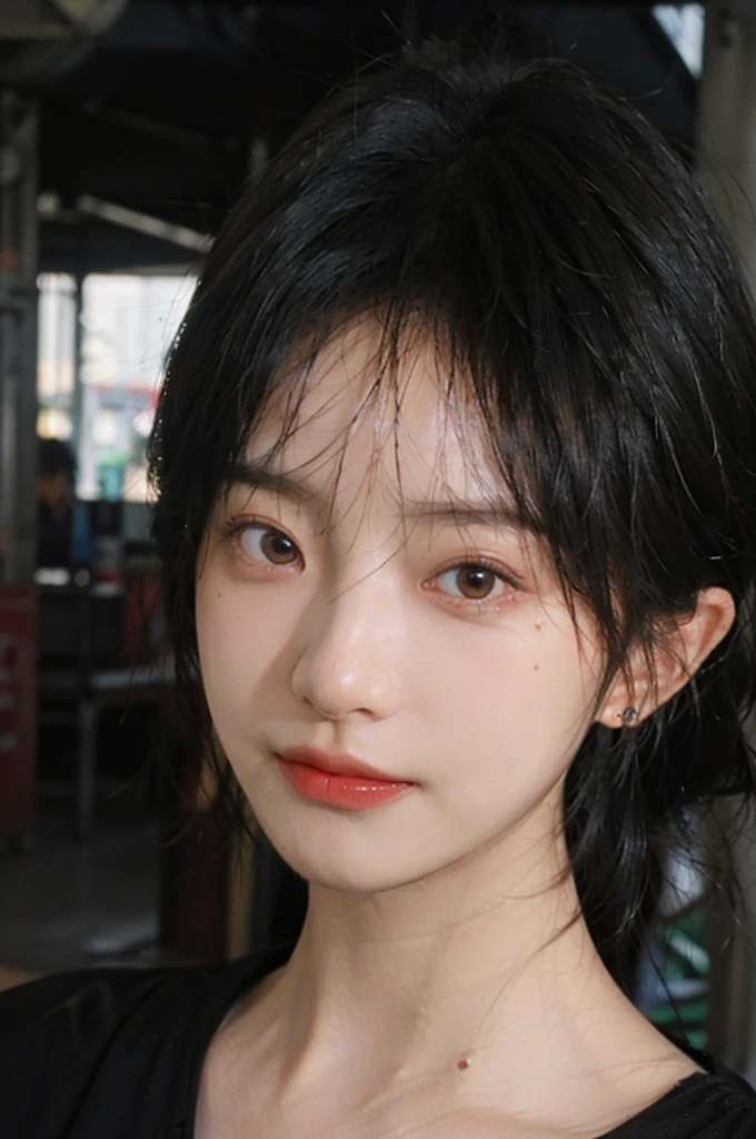 (Skin details:1.4), (smooth skin textures:1.3), (Upper Body:1.4),(Upper Body:1.3),(Black clothes:1.4),Lipstick, background, earrings, serene, calm, (Realistic and detailed eyes:1.2), Natural skin texture, Realistic facial details, Soft dramatic lighting, Vivid details, 35 mm film, outdoor, (Photo Practical:1.4), (hyper Practical:1.4), (Practical:1.3), (Smoother lighting:1.05), (Improve lighting quality:0.9), (Highest quality real skin textures:1.4), Exquisite eyes, Delicate face, Close-up of face, (Enhance the beauty of skin texture:1.1),0Normal body proportions, short hair, Moles under the eyes, A faint smile,Portrait Photography, Depth of Field, Bokeh, Surrealism, Ray Tracing, (Portrait Photography:1.1), Surrealism, High Detail, Chiaroscuro, Ray Tracing, reflected light, Ultra HD, Ultra HD, masterpiece, Textured Skin, Super Detail, High Detail, high quality, best quality