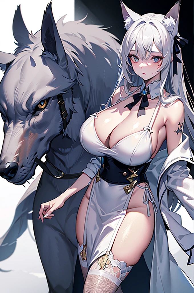 best qualtiy，tmasterpiece，The is very detailed，4K，Gray hair and shallow eyes，Drag cool expressions，Wolf ears，Erect scar on the left eye，British style，1girl，Absolutely beautiful, huge breasts, white costume, animal ear ribbon