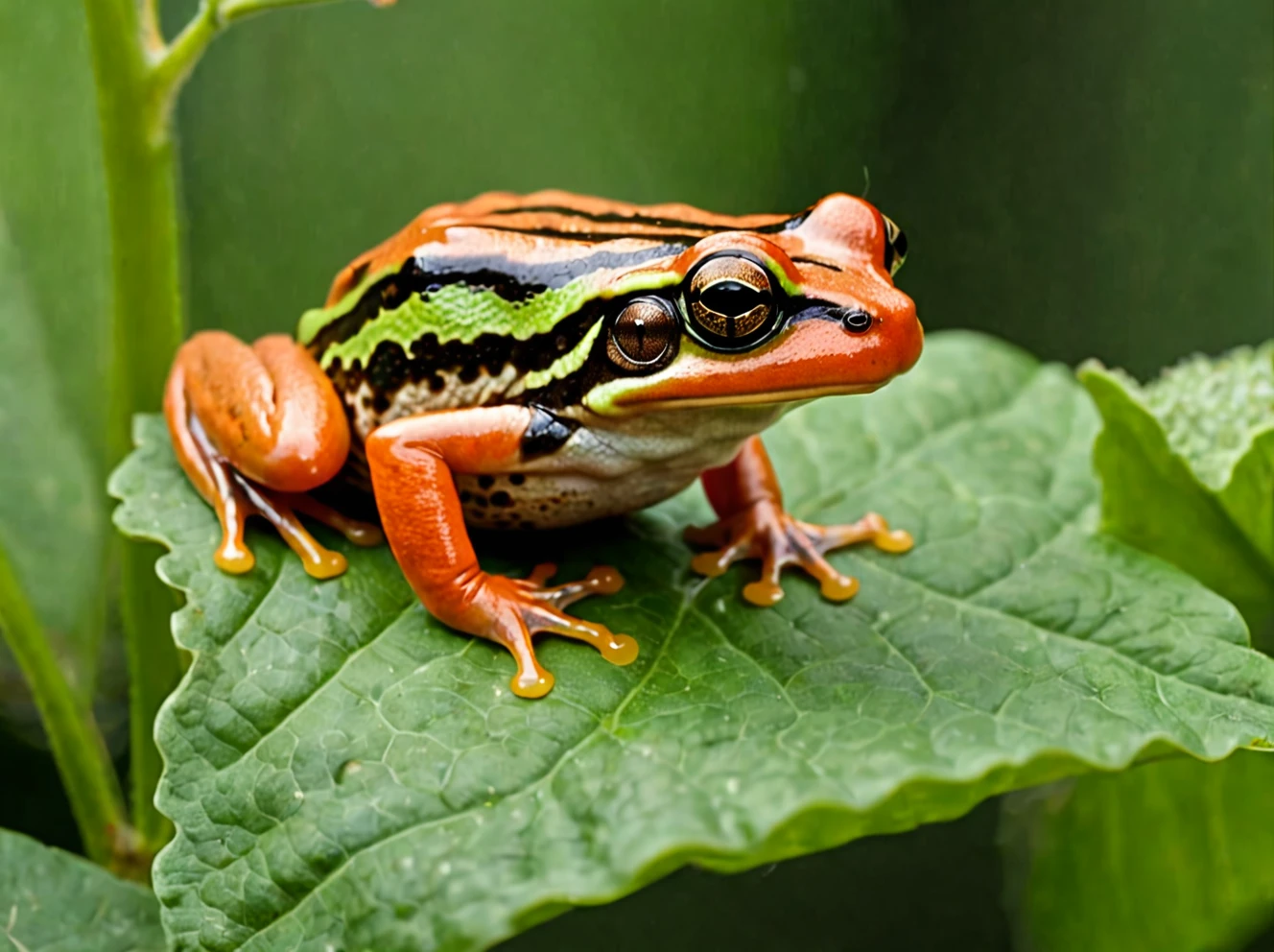 Dyscophus antongilii frog on a leaf eating a fly, tomato frog ,outdoors, realistic scenery. very wide shot, landscape, film, professional, 4k