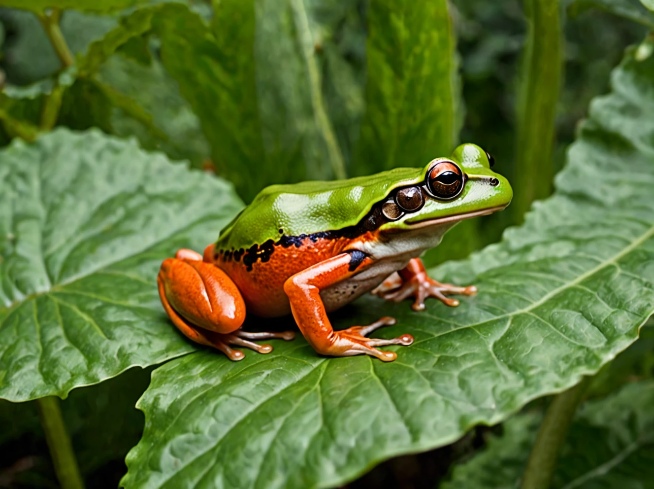 Dyscophus antongilii frog on a leaf eating a fly, tomato frog ,outdoors, realistic scenery. very wide shot, landscape, film, professional, 4k