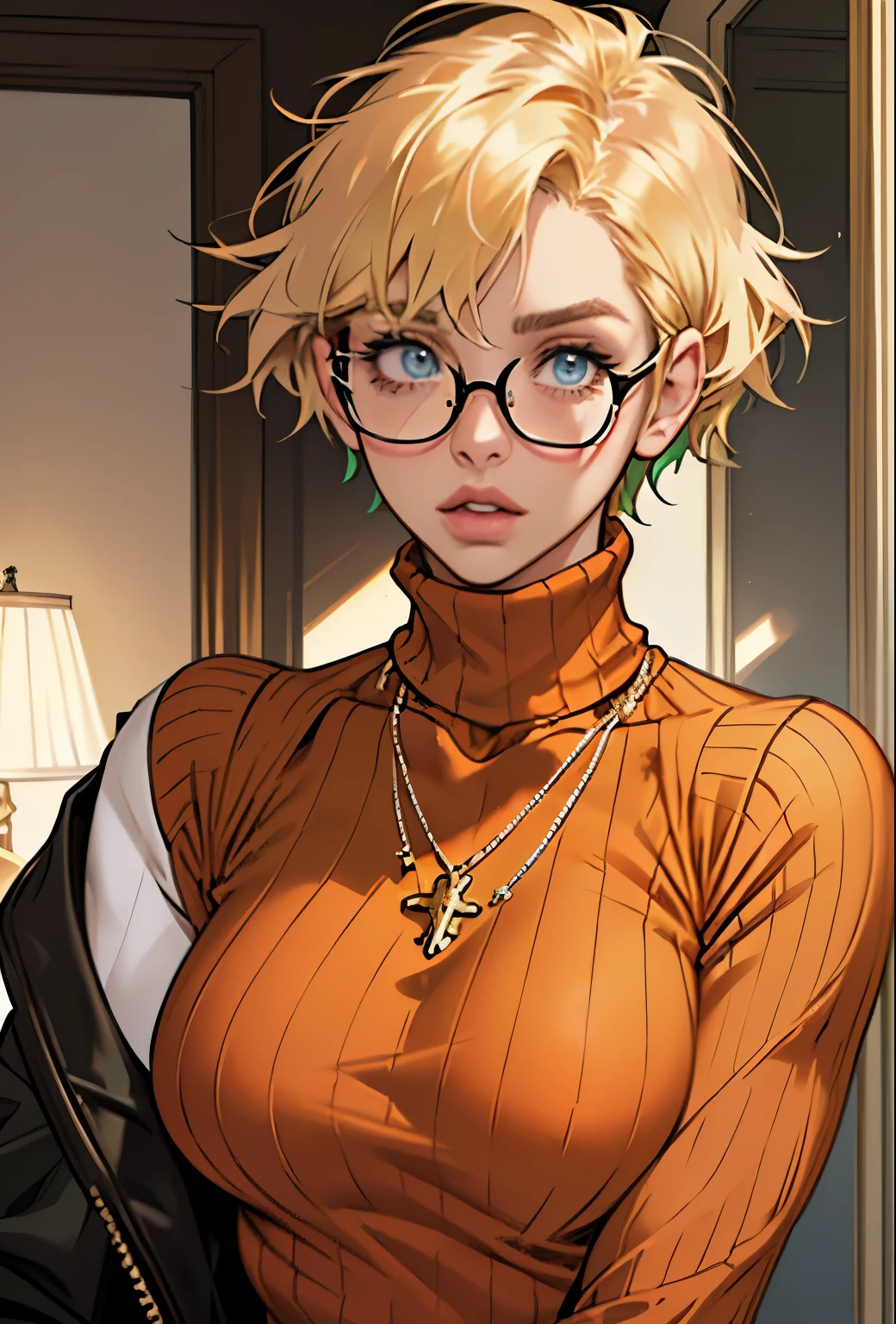 (masterpiece, Highest quality) One girl, Ashley Graham RE, alone, chest, View your viewers, short hair, blue eyes, shirt, Bare shoulders, jewelry, medium chest, Green Eyes, Upper Body, Blonde, parted lips, No sleeve, necklace, sweater, lips, turtleneck, Bobcut, ribbed sweater, Realistic, nose, No sleeve turtleneck, orange shirt, orange sweater,Glasses,