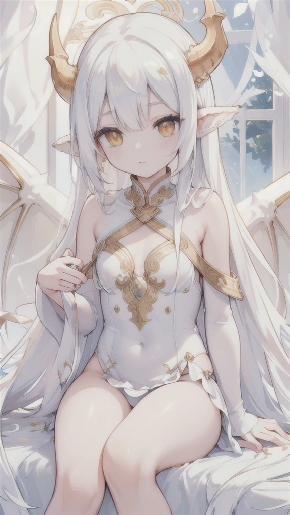 (best quality, highres, ultra-detailed:1.2), beautiful long white hair, stunning golden eyes, intricately designed white folding fan, white dragon horns, ethereal lighting, soft color palette,swimsuit