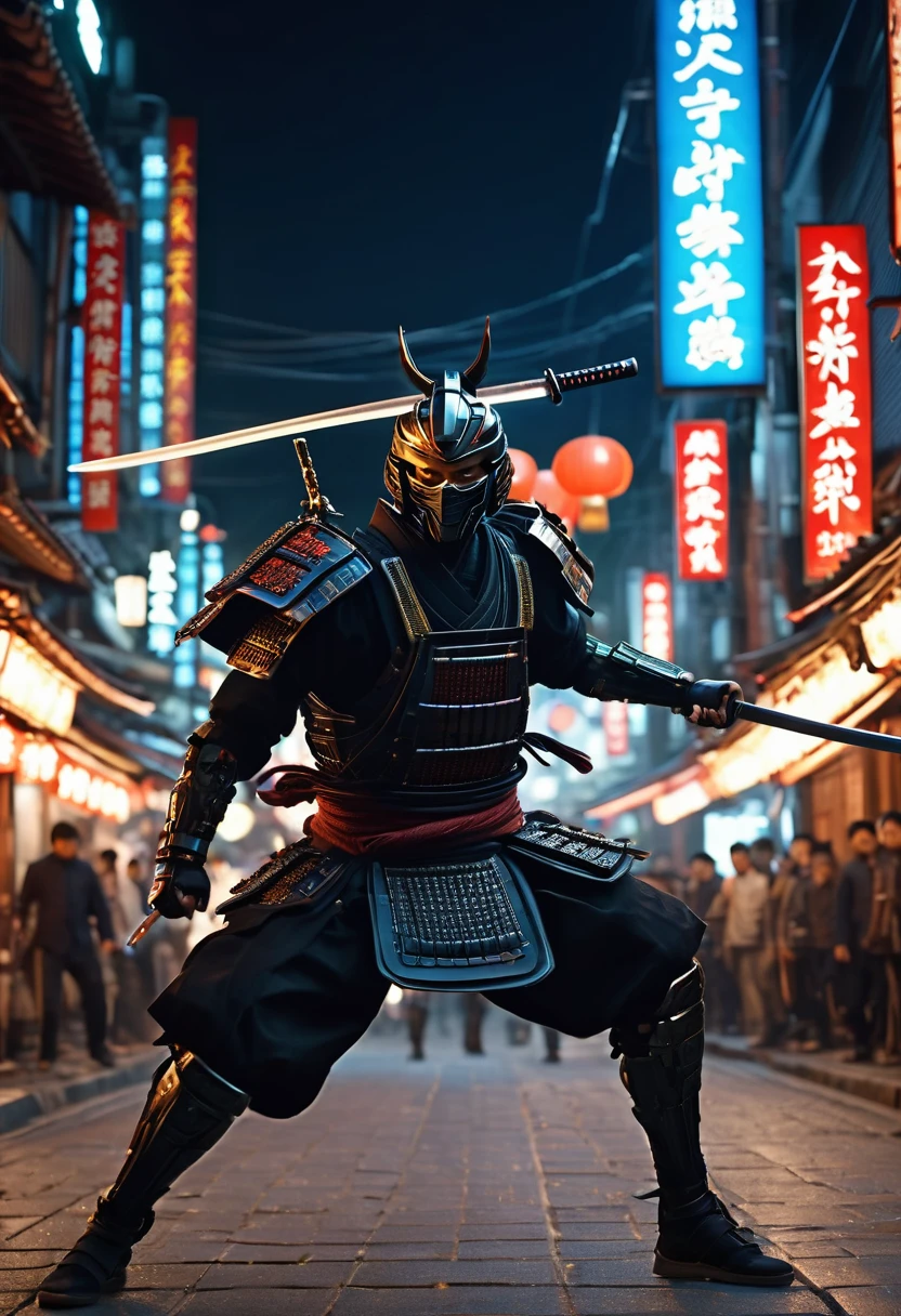 a cinematic frame depicting an action scene, a cybernetic samurai makes a jump and swings a sword at the enemy, emotions of rage on his face, a grin of rage, a megalopolis street, evening, evening lighting, lantern light, dynamic frame, cinematic lighting, focus on the samurai, high detail, maximum realism, cinematographic processing