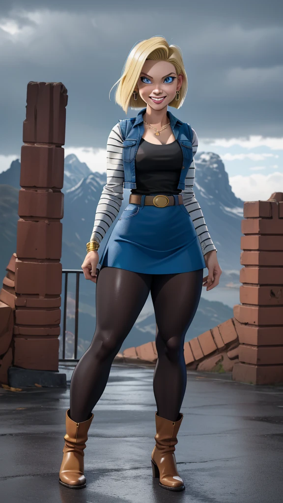 (realista), best quality, highres, and18, 1girl, android 18, solo girl, 1girl, blonde hair, blue eyes, belt, boots, tight blue demin skirt, gold_necklace, black shirt, short hair, long striped sleeves, earrings, open vest, denim vest, medium breasts, cowboy shot, mountains, straight-on, (weather: raining and windy), wet body, sexy smile, combat stance, full length pantyhose, battle ruins, wide hips, thick legs, torn clothes, closed fists,