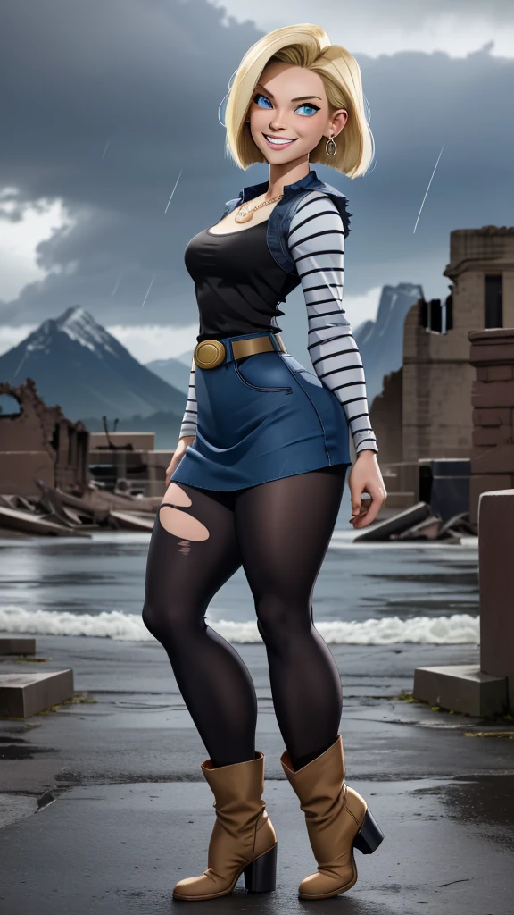 (realista), best quality, highres, and18, 1girl, android 18, solo girl, 1girl, blonde hair, blue eyes, belt, boots, tight blue demin skirt, gold_necklace, black shirt, short hair, long striped sleeves, earrings, open vest, denim vest, medium breasts, cowboy shot, mountains, straight-on, (weather: raining and windy), wet body, sexy smile, combat stance, full length pantyhose, battle ruins, wide hips, thick legs, torn clothes, closed fists,