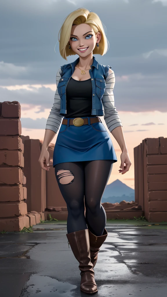 (realista), best quality, highres, and18, 1girl, android 18, solo girl, 1girl, blonde hair, blue eyes, belt, boots, tight blue demin skirt, gold_necklace, black shirt, short hair, long striped sleeves, earrings, open vest, denim vest, medium breasts, cowboy shot, mountains, straight-on, (weather: raining and windy), wet body, sexy smile, combat stance, full length pantyhose, battle ruins, wide hips, thick legs, torn clothes, closed fists,