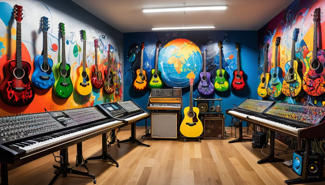 Masterpiece; Guitars and drums in a small science lab(((several science bottles around the room))); (guitars and musical keyboards inside science bottles) World map on the wall. sciencie complete with speakers and glass flasks of chemistry, embody the resilience and tenacity of the scientific community, infused with a bold graphic allure that enlivens the spirit of science. The design penetrates layers of depth, integrating the raw essence and vibrant cores of Rio de Janeiro culture. Brushstrokes that incorporate the fluid energy of graffiti on guitars and acoustic guitars weave around dynamic geometric shapes, adorning the laboratories with an evocative masterpiece that speaks to the heart of the intersection between two diverse worlds. Majestically rendered in high definition and vibrant color, every detail bursts with life, inviting viewers to marvel at the beauty that; by Salvador Dali
