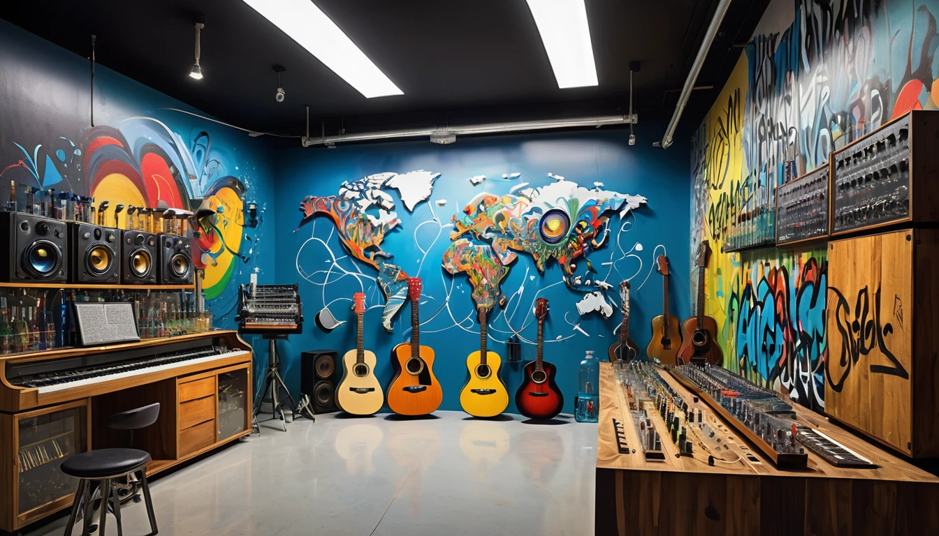 Masterpiece; Guitars and drums in a small science lab(((several science bottles around the room))); (guitars and musical keyboards inside science bottles) World map on the wall. sciencie complete with speakers and glass flasks of chemistry, embody the resilience and tenacity of the scientific community, infused with a bold graphic allure that enlivens the spirit of science. The design penetrates layers of depth, integrating the raw essence and vibrant cores of Rio de Janeiro culture. Brushstrokes that incorporate the fluid energy of graffiti on guitars and acoustic guitars weave around dynamic geometric shapes, adorning the laboratories with an evocative masterpiece that speaks to the heart of the intersection between two diverse worlds. Majestically rendered in high definition and vibrant color, every detail bursts with life, inviting viewers to marvel at the beauty that; by Salvador Dali