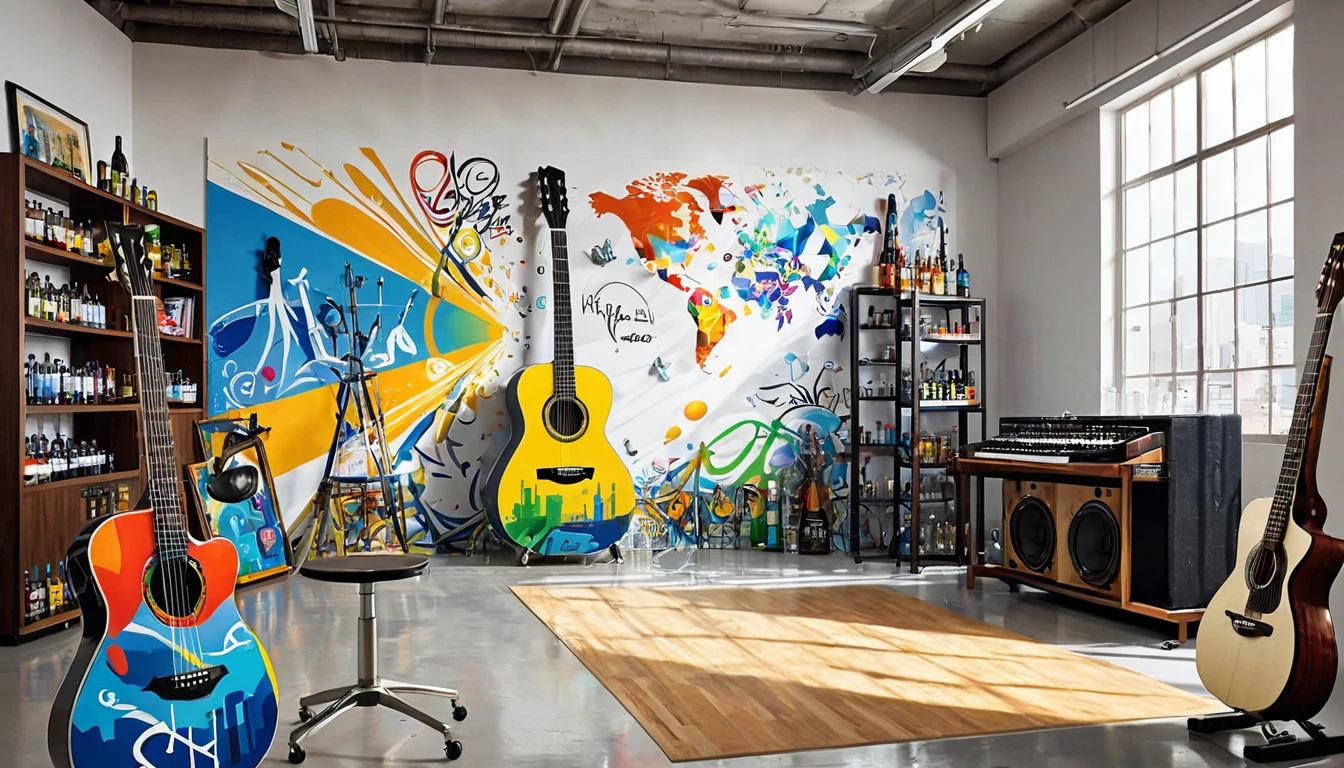 Masterpiece; Guitars and drums in a small science lab(((several science bottles around the room))); (guitars and musical keyboards inside science bottles) World map on the wall. sciencie complete with speakers and glass flasks of chemistry, embody the resilience and tenacity of the scientific community, infused with a bold graphic allure that enlivens the spirit of science. The design penetrates layers of depth, integrating the raw essence and vibrant cores of Rio de Janeiro culture. Brushstrokes that incorporate the fluid energy of graffiti on guitars and acoustic guitars weave around dynamic geometric shapes, adorning the laboratories with an evocative masterpiece that speaks to the heart of the intersection between two diverse worlds. Majestically rendered in high definition and vibrant color, every detail bursts with life, inviting viewers to marvel at the beauty that; by Salvador Dali