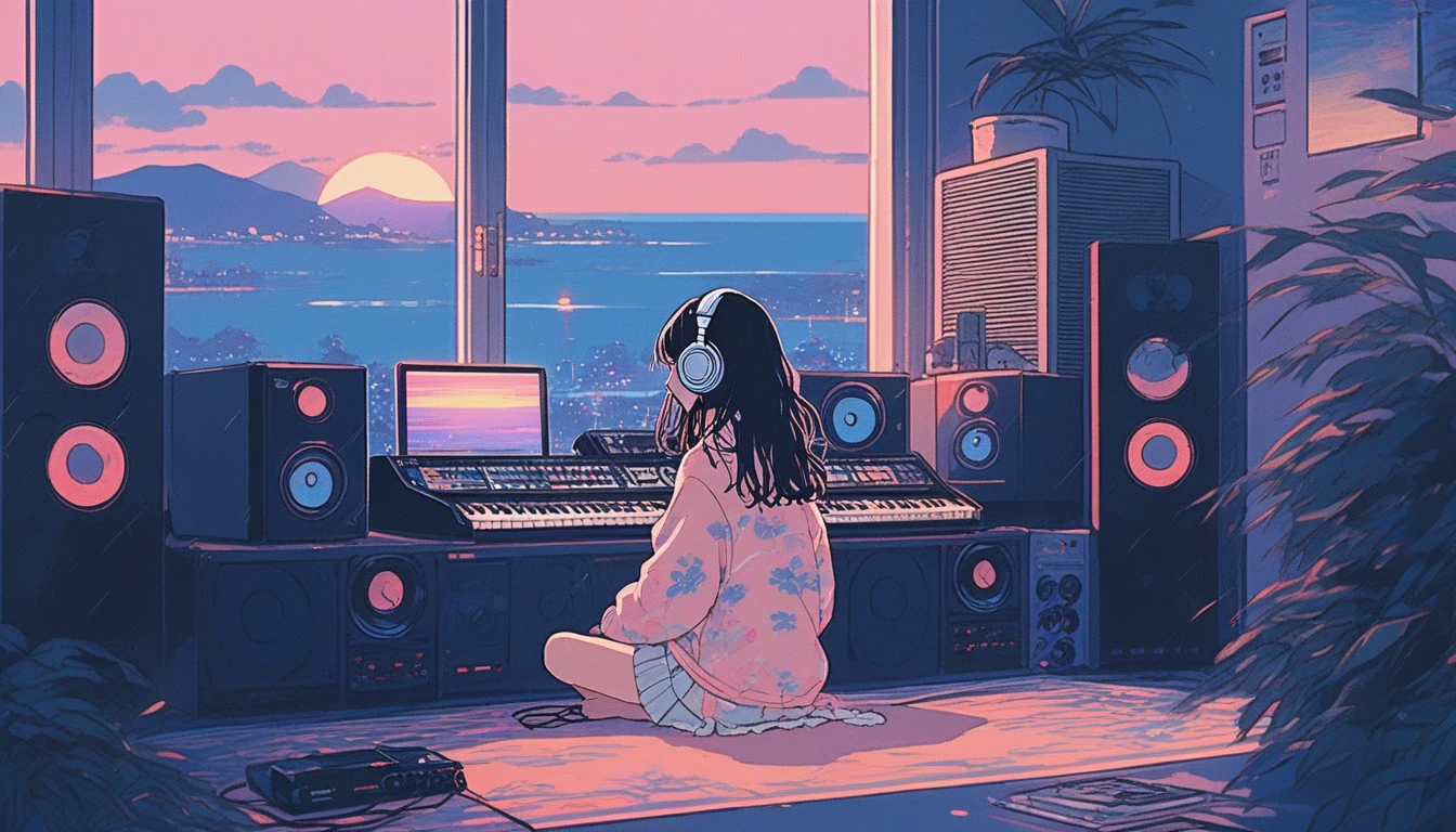 anime girl デイジェイ playing music in a music studio with headphones, アニメ girl sitting on floor looking out window at city, アニメ aesthetic, アニメ vibes, lofi artstyle, Lo-fi portrait by the window, Watching the Sunset. アニメ, Lofty Girl, アニメ art wallpaper 4 k, アニメ art wallpaper 4k, アニメ art wallpaper 8 k, アニメ background art, Lofi Color, Lofi Art, アニメ asthetic,masterpiece, Highest quality, Rainbow Style, アニメ, Beautiful Asian Girl, Along the Hawaiian Coast, Cute and dreamy,アニメ,Illustrator,LOFI Girl, Blues,landscape,Sunset, night、Girl listening to music in a cozy room, Use headphones, 2D Style Anime, Rain outside the window、Analog Color Theme、Ghibli style,、Tokyo, modern、ターンテーブル、DJ、