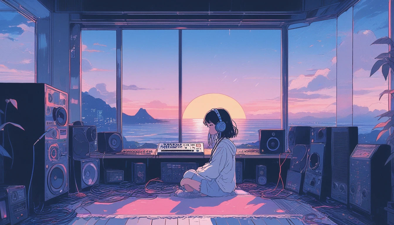 anime girl デイジェイ playing music in a music studio with headphones, アニメ girl sitting on floor looking out window at city, アニメ aesthetic, アニメ vibes, lofi artstyle, Lo-fi portrait by the window, Watching the Sunset. アニメ, Lofty Girl, アニメ art wallpaper 4 k, アニメ art wallpaper 4k, アニメ art wallpaper 8 k, アニメ background art, Lofi Color, Lofi Art, アニメ asthetic,masterpiece, Highest quality, Rainbow Style, アニメ, Beautiful Asian Girl, Along the Hawaiian Coast, Cute and dreamy,アニメ,Illustrator,LOFI Girl, Blues,landscape,Sunset, night、Girl listening to music in a cozy room, Use headphones, 2D Style Anime, Rain outside the window、Analog Color Theme、Ghibli style,、Tokyo, modern、ターンテーブル、DJ、