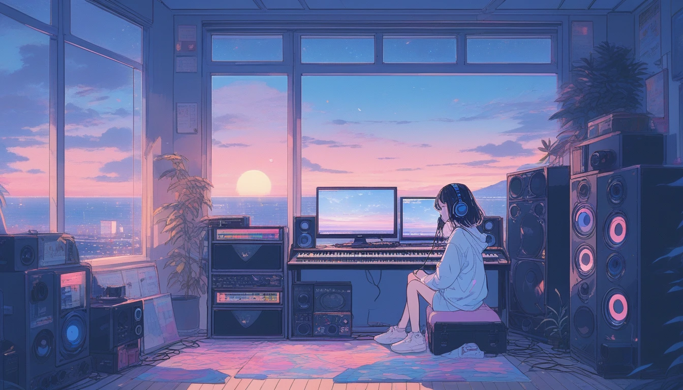 anime girl デイジェイ playing music in a music studio with headphones, アニメ girl sitting on floor looking out window at city, アニメ aesthetic, アニメ vibes, lofi artstyle, Lo-fi portrait by the window, Watching the Sunset. アニメ, Lofty Girl, アニメ art wallpaper 4 k, アニメ art wallpaper 4k, アニメ art wallpaper 8 k, アニメ background art, Lofi Color, Lofi Art, アニメ asthetic,masterpiece, Highest quality, Rainbow Style, アニメ, Beautiful Asian Girl, Along the Hawaiian Coast, Cute and dreamy,アニメ,Illustrator,LOFI Girl, Blues,landscape,Sunset, night、Girl listening to music in a cozy room, Use headphones, 2D Style Anime, Rain outside the window、Analog Color Theme、Ghibli style,、Tokyo, modern、ターンテーブル、DJ、