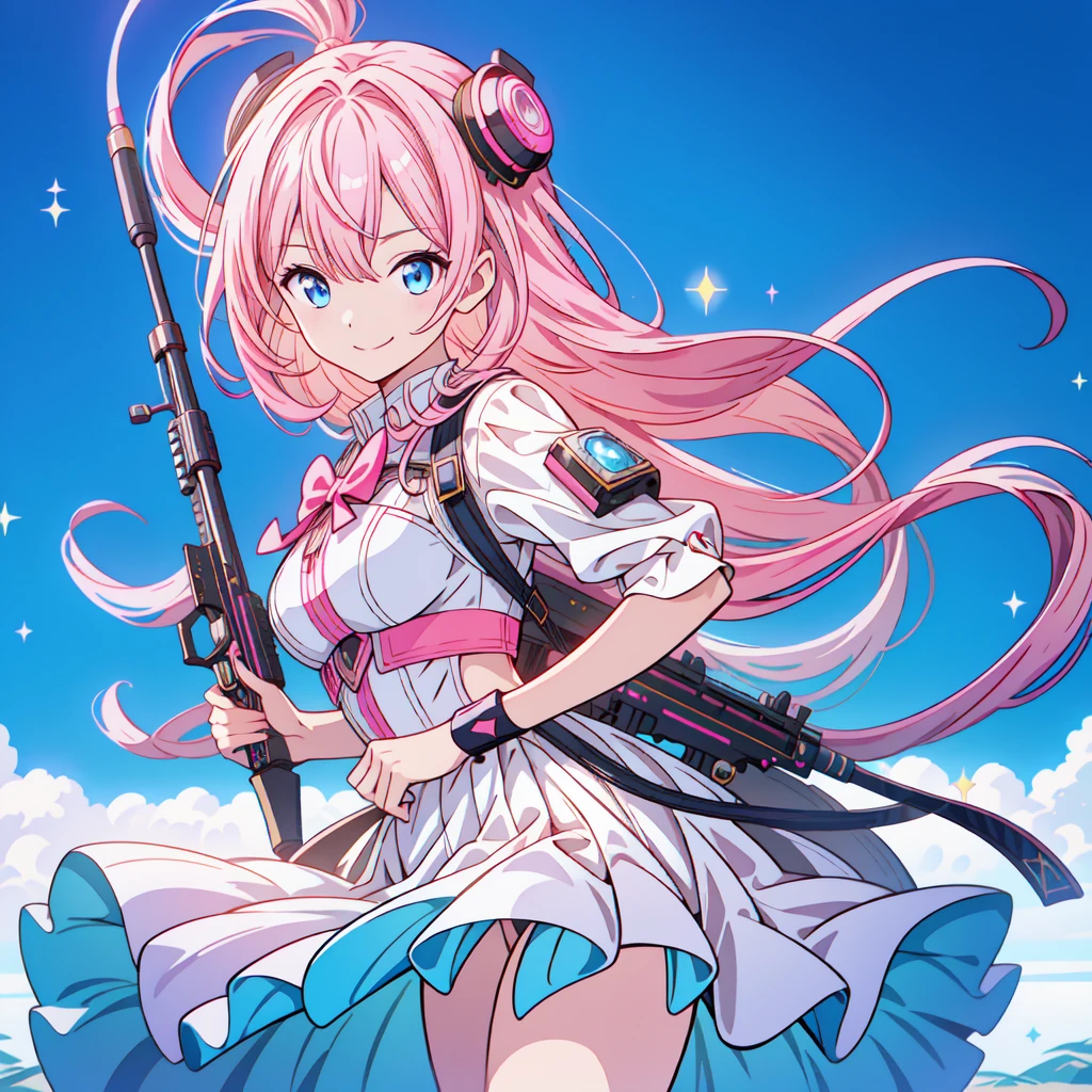 One girl、[17277fbe68],threatened hideo、smile、high quality、Maximum details、(((最high quality、masterpiece、Official Art、Best dynamic composition)))、(Thin Hair)、(Tabletop, 最high quality), Very detailed, Anime Style, whole body, Cyberpunk Girl, Gripping a high-tech rifle, Milky white and pink hair, Sparkling blue eyes, Wearing a magical girl costume , 8K high resolution, Trend Art Station, White Background, Standing in the Wilderness, whole body,