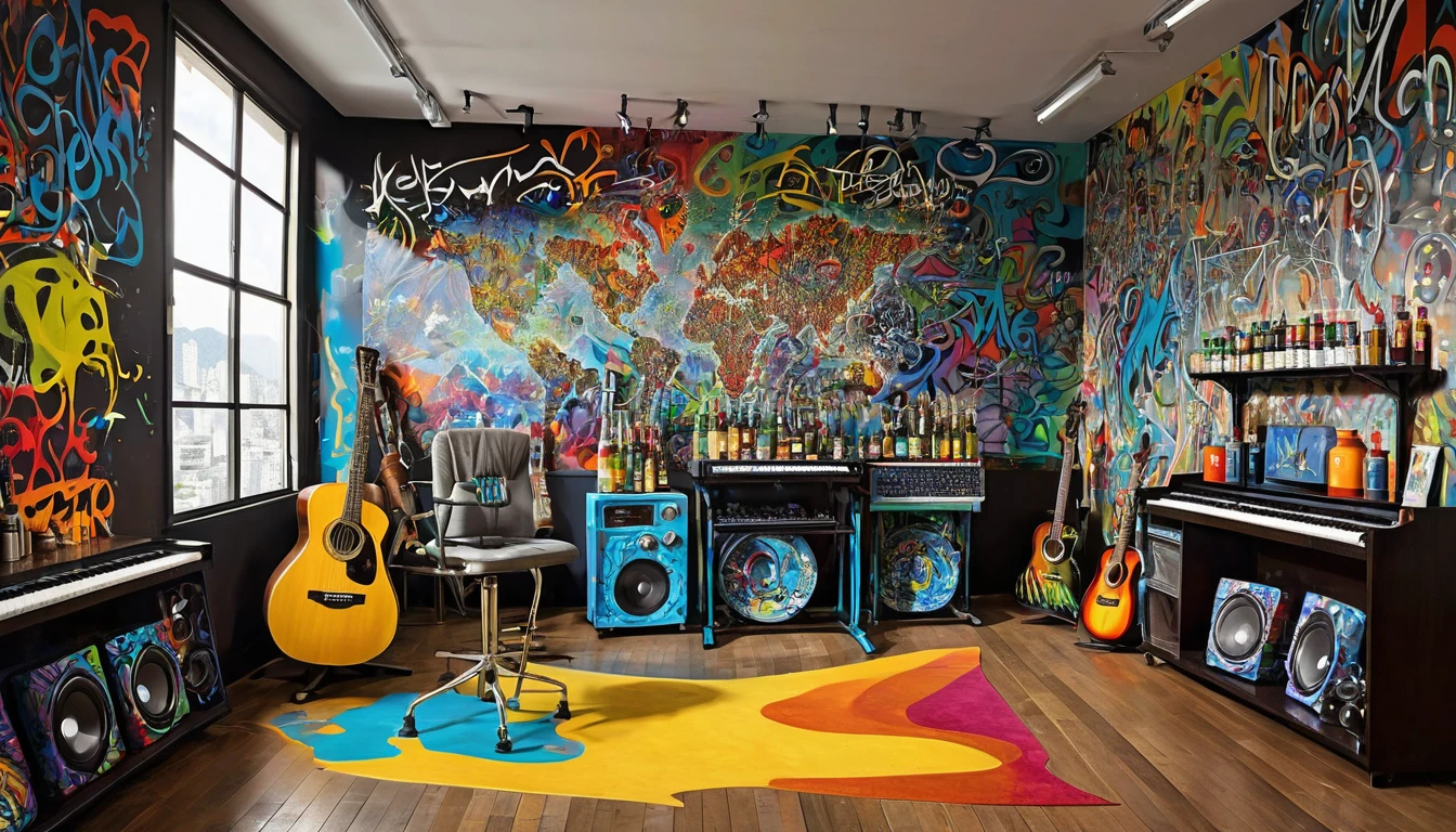 Masterpiece; Guitars and drums in a small science lab(((several science bottles around the room))); (guitars and musical keyboards inside science bottles) World map on the wall. sciencie complete with speakers and glass flasks of chemistry, embody the resilience and tenacity of the scientific community, infused with a bold graphic allure that enlivens the spirit of science. The design penetrates layers of depth, integrating the raw essence and vibrant cores of Rio de Janeiro culture. Brushstrokes that incorporate the fluid energy of graffiti on guitars and acoustic guitars weave around dynamic geometric shapes, adorning the laboratories with an evocative masterpiece that speaks to the heart of the intersection between two diverse worlds. Majestically rendered in high definition and vibrant color, every detail bursts with life, inviting viewers to marvel at the beauty that; by Salvador Dali