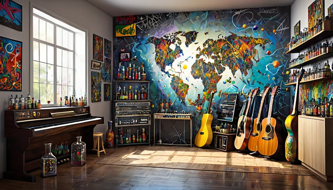Masterpiece; Guitars and drums in a small science lab(((several science bottles around the room))); (guitars and musical keyboards inside science bottles) World map on the wall. sciencie complete with speakers and glass flasks of chemistry, embody the resilience and tenacity of the scientific community, infused with a bold graphic allure that enlivens the spirit of science. The design penetrates layers of depth, integrating the raw essence and vibrant cores of Rio de Janeiro culture. Brushstrokes that incorporate the fluid energy of graffiti on guitars and acoustic guitars weave around dynamic geometric shapes, adorning the laboratories with an evocative masterpiece that speaks to the heart of the intersection between two diverse worlds. Majestically rendered in high definition and vibrant color, every detail bursts with life, inviting viewers to marvel at the beauty that; by Salvador Dali