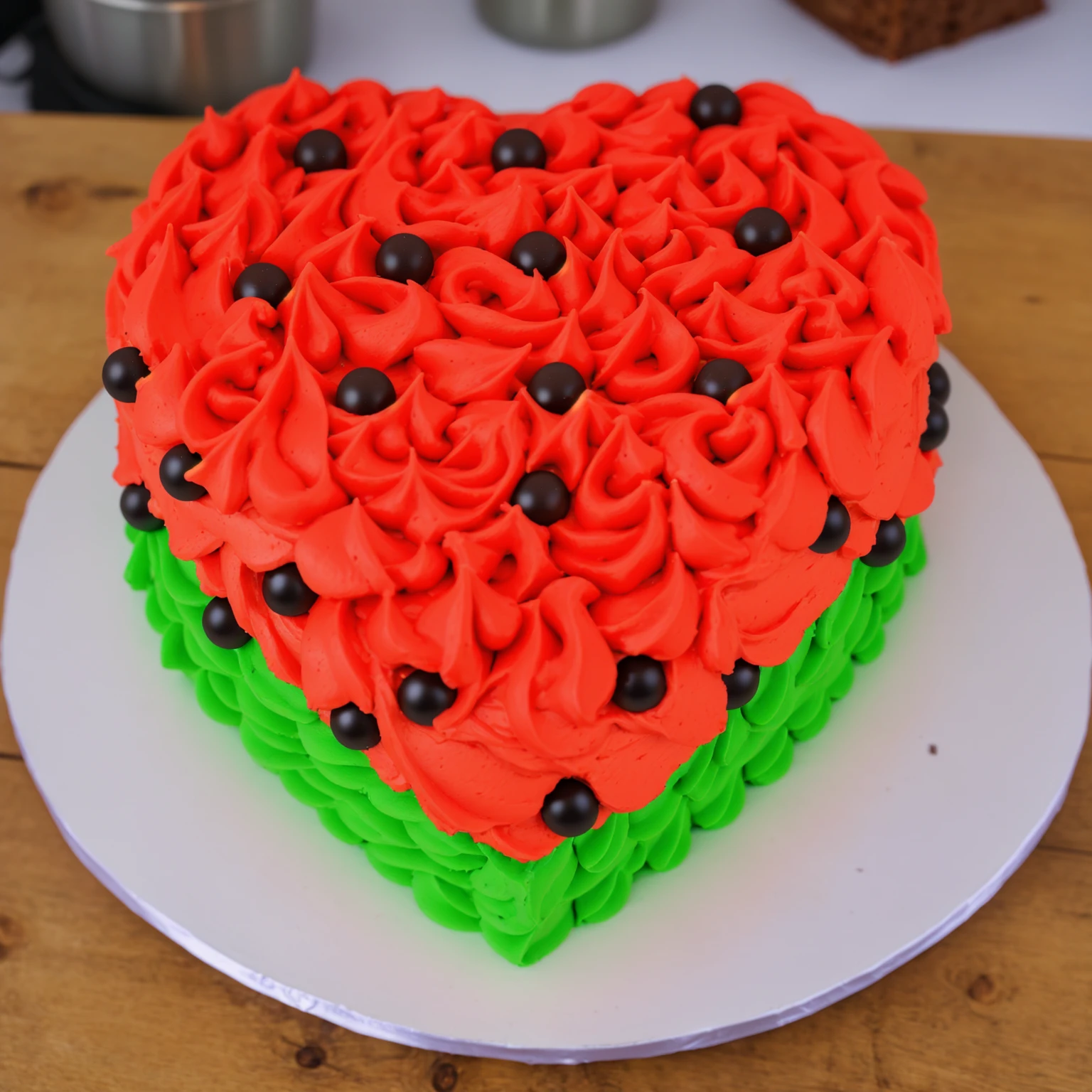 on a wooden table, red and green cream heart cake, star shaped cream, with black plastic beads, Multiple light sources, bright lighting, Realistic style , realistic texture, detailed texture, A high resolution, high quality,