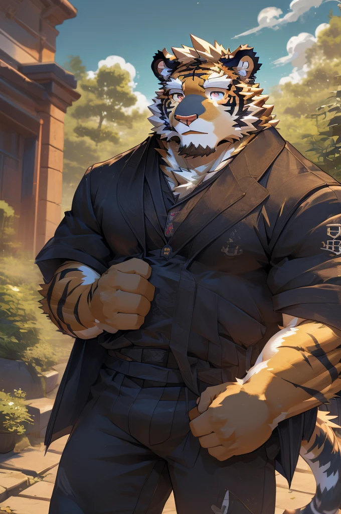 (masterpiece,best quality,Super detailed,Perfect anatomical structure),Detailed background,Empty,hairy,cannon, ,Clear focus,白色tiger,By Empty Ghost, rest 阳光,External,campus, Solitary,Solitary ,male,male ,human nature,Cat,tiger,muscular,rest (White fur:1.5,White body:1.5),looking at the audience,Delicateeyes, Dressed,Casual clothing is acceptable when the weather is nice,Golden pupils