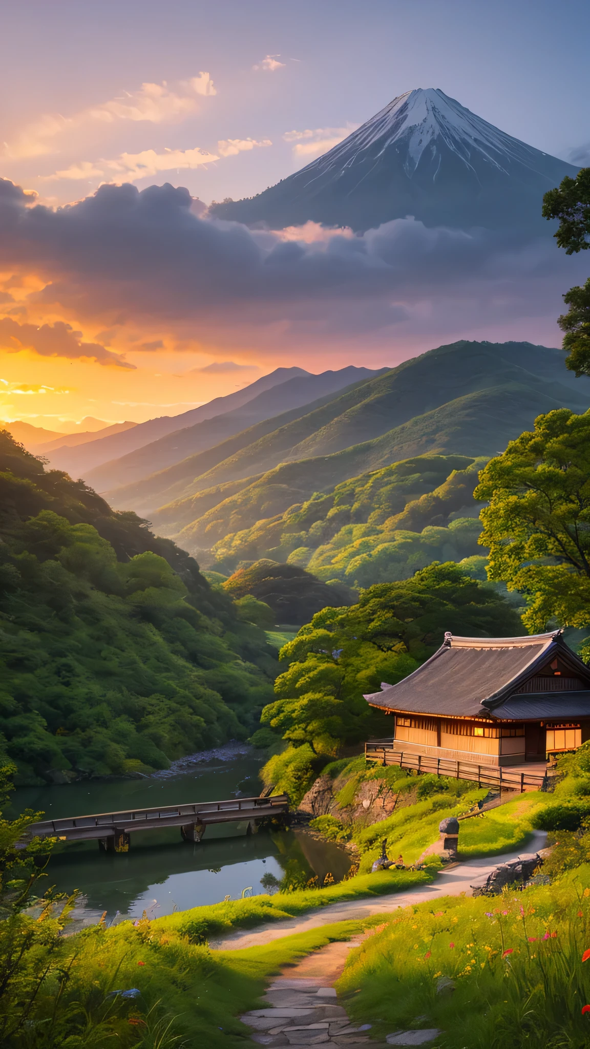 Landscape painting、Japanese village scenery、Photo Style、evening、evening、sunset、1 photo