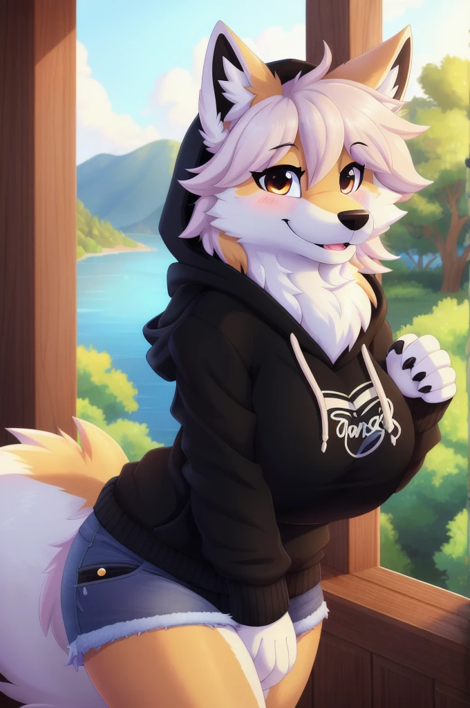 Female, solo, wolf, fluffly, furry, (average breasts), (curvy), (black hoodie), (jorts), accurate tail, slight blush, mature, smiling, happy, beautiful, highly detailed, high resolution, detailed eyes, detailed hands, detailed background, masterpiece