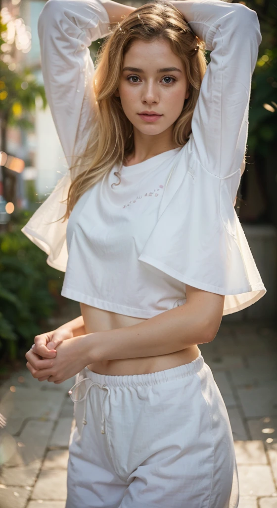 ,, Blonde, Shoulder-length curly hair,  (Airy white clothes:1), fear, Hurt , (Airy white clothes:1), fear, Hurt, RAW Photosgraphy, Best image quality, masterpiece: 1.4), Ultra-high resolution, (reality, Real Light: 1.48), Highest quality, 超High resolution, (Realistic portraits:1.4), RAW Photos, (Upper thigh, From the side:0.7), (Bokeh:1.5),