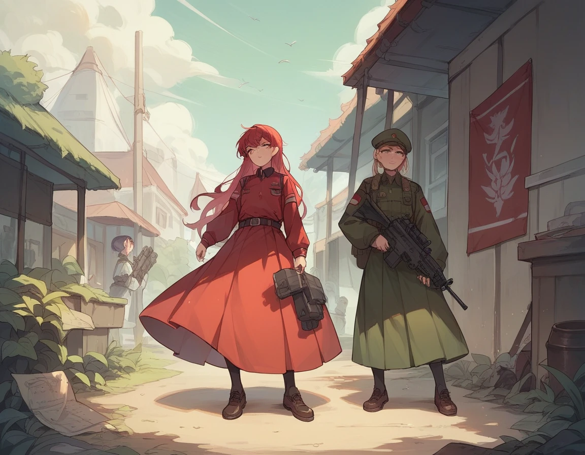 A platoon of girls wearing bright red military uniforms and long red skirts、A pair of girl platoon leaders and girl soldiers wearing red military uniforms and red long skirts and equipped with assault rifles