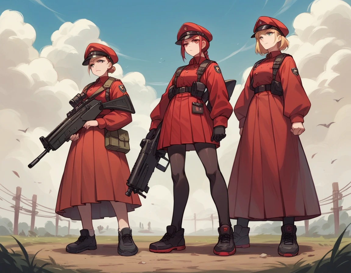 A platoon of girls wearing bright red military uniforms and long red skirts、A pair of girl platoon leaders and girl soldiers wearing red military uniforms and red long skirts and equipped with assault rifles