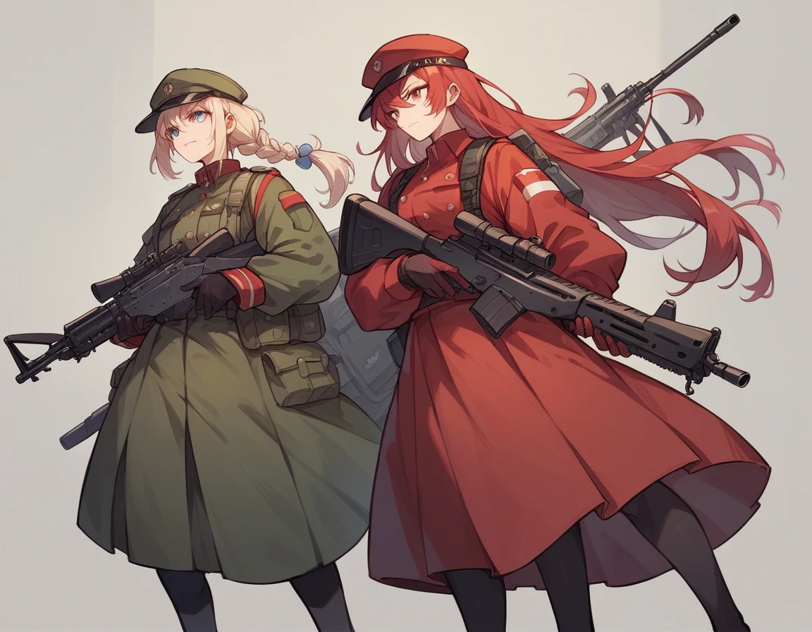A platoon of girls wearing bright red military uniforms and long red skirts、A pair of girl platoon leaders and girl soldiers wearing red military uniforms and red long skirts and equipped with assault rifles