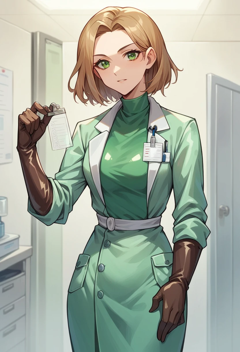 1girl, ((brown gloves)), ((surgical gloves)), ((latex gloves)), ((green surgeon outfit)), looking at viewer, ((doctor)), ((long sleeves)), standing, solo