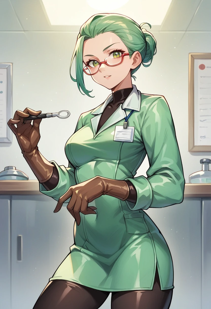 1girl, ((brown gloves)), ((surgical gloves)), ((latex gloves)), ((green surgeon outfit)), looking at viewer, ((doctor)), ((long sleeves)), standing, solo