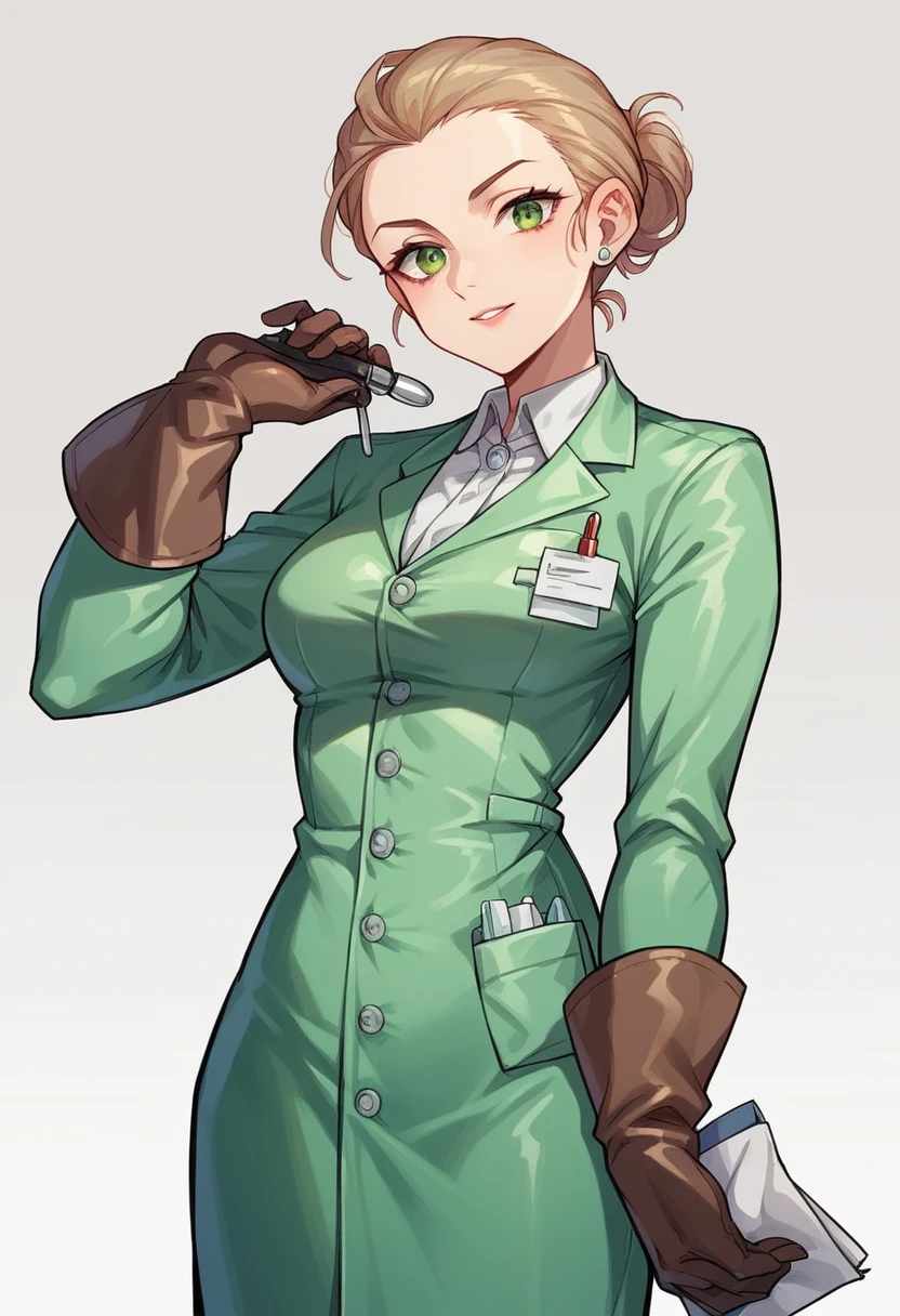 1girl, ((brown gloves)), ((surgical gloves)), ((latex gloves)), ((green surgeon outfit)), looking at viewer, ((doctor)), ((long sleeves)), standing, solo