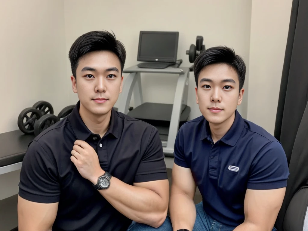 A male police officer in his 20s poses for a group photo., Wear a black polo shirt, high resolution, Masterpiece, best quality, head:1.3,, Smooth and fine skin, clear focus, (movie light), during the night, gentle light, Dynamic angle, (detailed face:1.2), (((exercise))), sport, His arm muscles were very big., hand in crotch, in his bedroom ,natural and delicate,