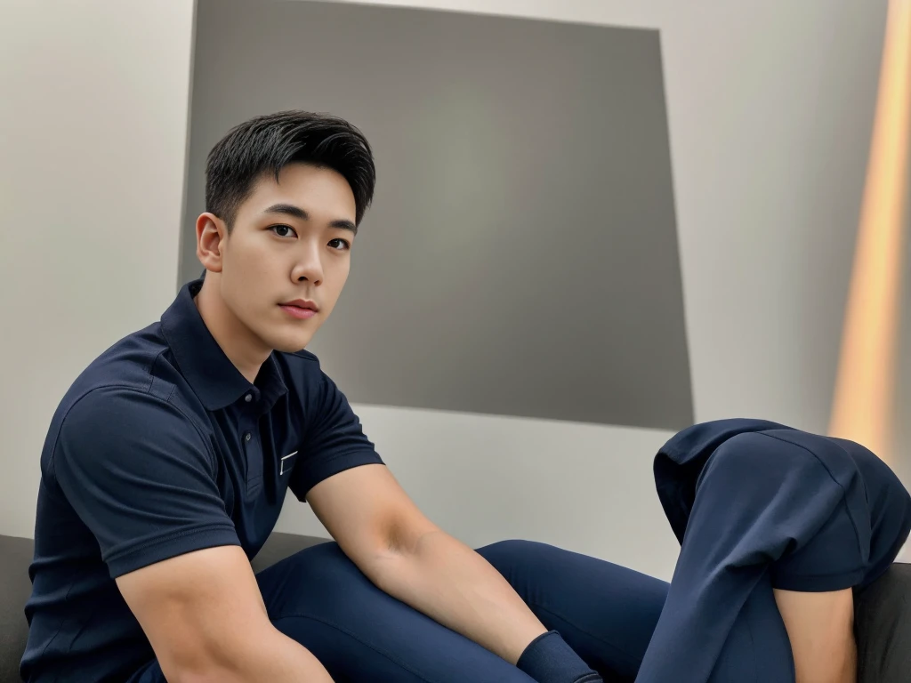 A male police officer in his 20s poses for a group photo., Wear a black polo shirt, high resolution, Masterpiece, best quality, head:1.3,, Smooth and fine skin, clear focus, (movie light), during the night, gentle light, Dynamic angle, (detailed face:1.2), (((exercise))), sport, His arm muscles were very big., hand in crotch, in his bedroom ,natural and delicate,