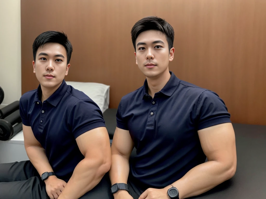 A male police officer in his 20s poses for a group photo., Wear a black polo shirt, high resolution, Masterpiece, best quality, head:1.3,, Smooth and fine skin, clear focus, (movie light), during the night, gentle light, Dynamic angle, (detailed face:1.2), (((exercise))), sport, His arm muscles were very big., hand in crotch, in his bedroom ,natural and delicate,