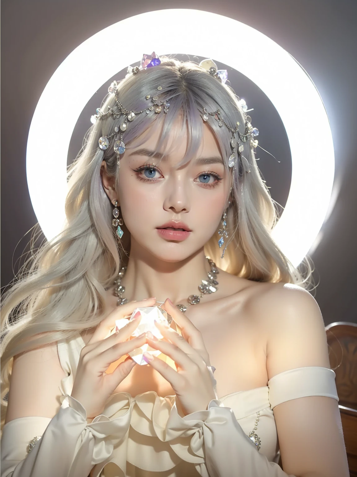 (masterpiece, top quality, best quality, official art, beautiful and aesthetic:1.2), (1girl:1.3), wavy long hair, light purple hair, extremely detailed, portrait, looking at viewer, 独奏, (full body:0.6), detailed background, close up, blue eyes, (cold arctic winter theme:1.1), Fortuneteller, charlatan, smirk, mysterious, sitting at table, colorful shoulderless loose gypsy Fortuneteller clothes,      chalice,   tarot cards, crystal ball,  Mediovale (tent interior:1.1) background, tent curtains in background, dark mysterious lighting, shadows, magical atmosphere, starry night,, dutch angle，Blue Eyes，Holding a crystal ball