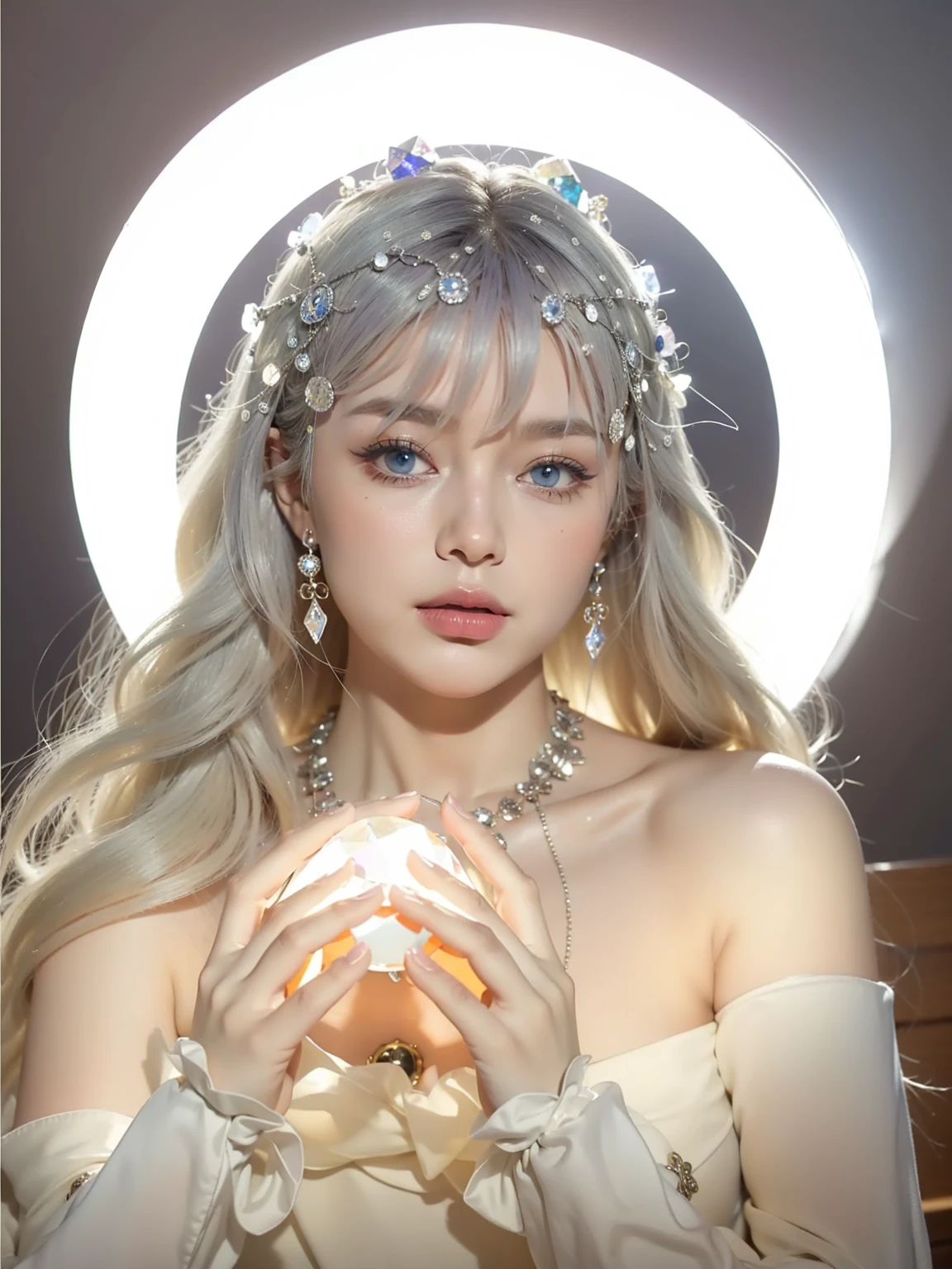 (masterpiece, top quality, best quality, official art, beautiful and aesthetic:1.2), (1girl:1.3), wavy long hair, light purple hair, extremely detailed, portrait, looking at viewer, 独奏, (full body:0.6), detailed background, close up, blue eyes, (cold arctic winter theme:1.1), Fortuneteller, charlatan, smirk, mysterious, sitting at table, colorful shoulderless loose gypsy Fortuneteller clothes,      chalice,   tarot cards, crystal ball,  Mediovale (tent interior:1.1) background, tent curtains in background, dark mysterious lighting, shadows, magical atmosphere, starry night,, dutch angle，Blue Eyes，Holding a crystal ball