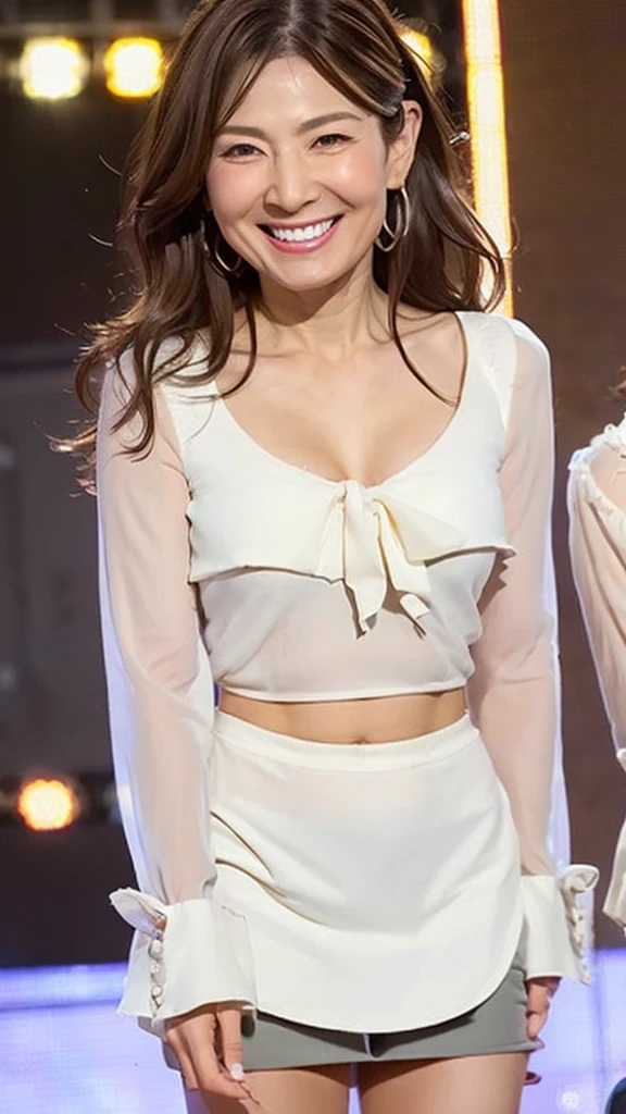 ((Highest quality)), ((8K)), ((masterpiece: 1.3)), (Perfect appearance), (Photorealism: 1.6), (AYN), (Woman standing in the middle of the stage), Japanese Mature, (58 years old), ((Realistic skin texture)), (Fine wrinkles appear all over the skin), (Dullness), (Unmoisturized skin) , (Facial wrinkles), (Wrinkles around the eyes), double eyelid, Lower eyelid tear trough, (Dimples), Short bangs, Long wavy hair, Smile with the corners of your mouth turned up, (Double teeth: 1.2), The gaze is directed here, (Open neck blouse: 1.4), (Three-quarter sleeves, Wide cuffs), (mini skirt), High heels, (whole body), (Angle from the feet),